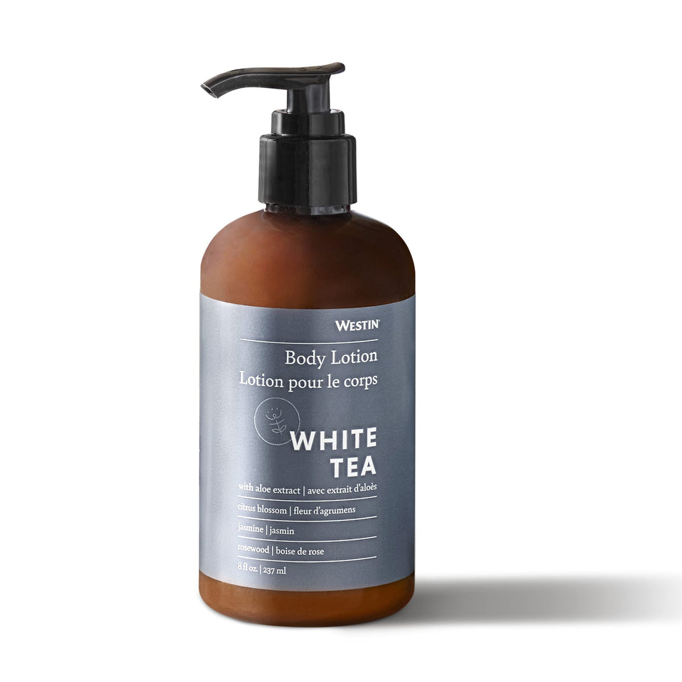 Westin bottle front pump showing signature white tea scent and easy dispensing