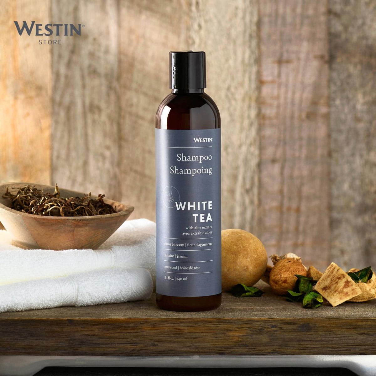 Ingredients display with jojoba and green tea emphasizing nourishing formula