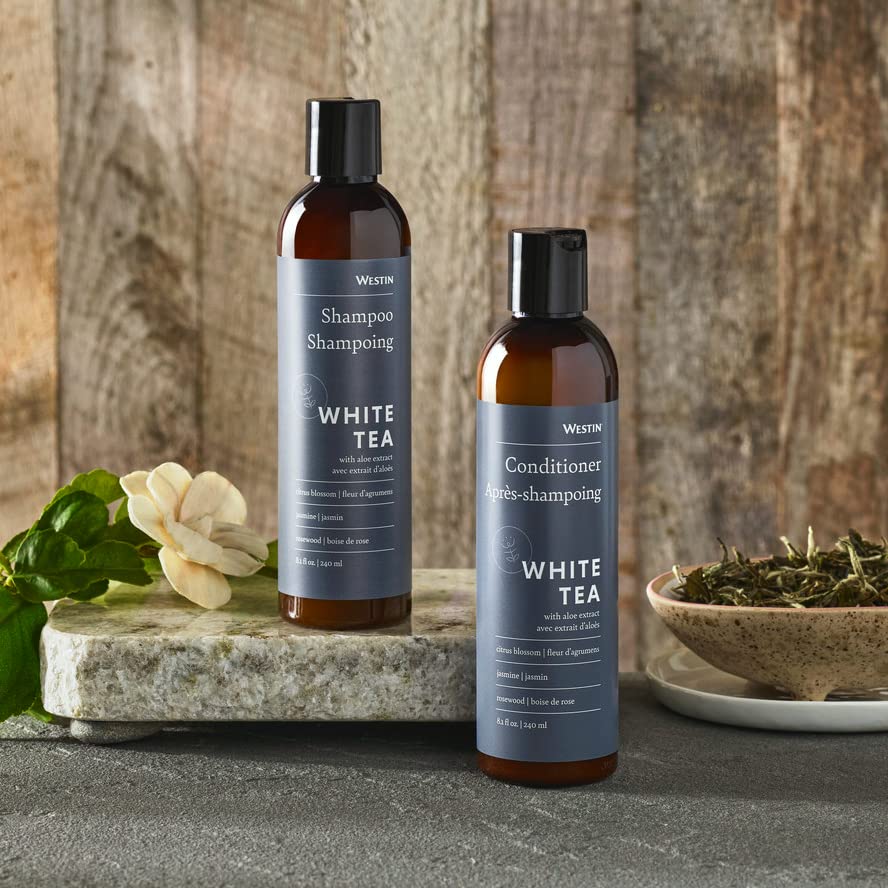 Westin White Tea Aloe shampoo pouring from bottle to show lightweight lather and gentle cleansing benefit