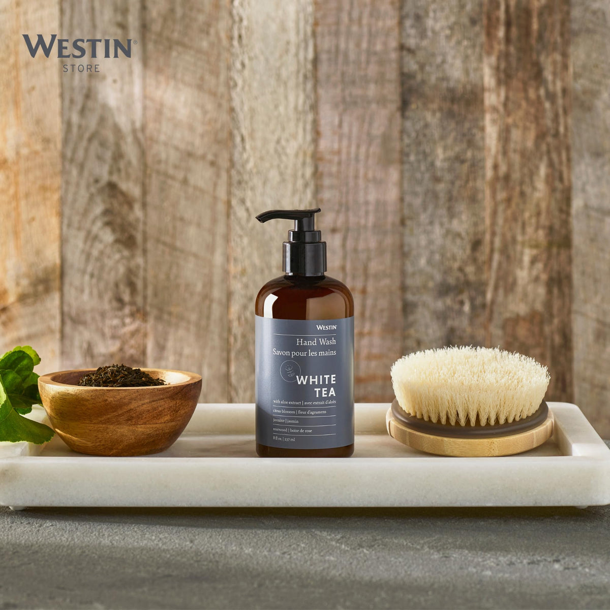 Westin white tea soap pump closeup demonstrating easy dispensing and neat presentation