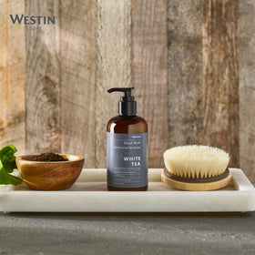 Westin white tea soap pump closeup demonstrating easy dispensing and neat presentation