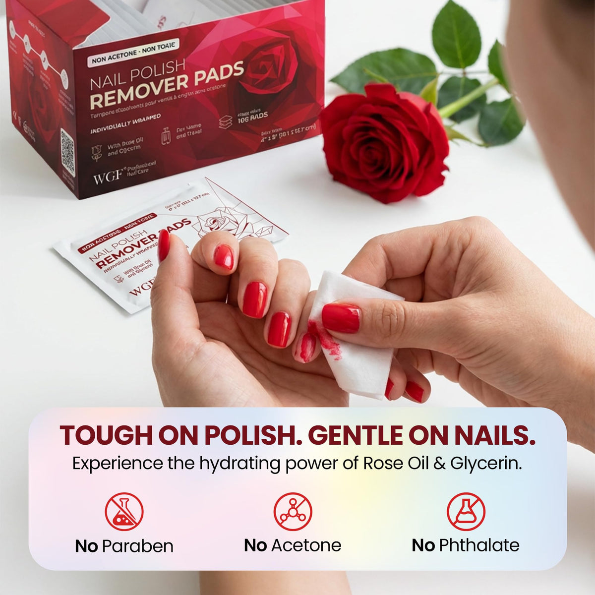 WGF PROFESSIONAL NAIL CARE pad texture close-up highlighting rose oil conditioning benefit