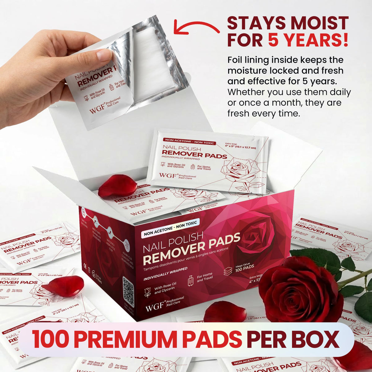 WGF PROFESSIONAL NAIL CARE pad held in hand showing large 4x5 inch coverage
