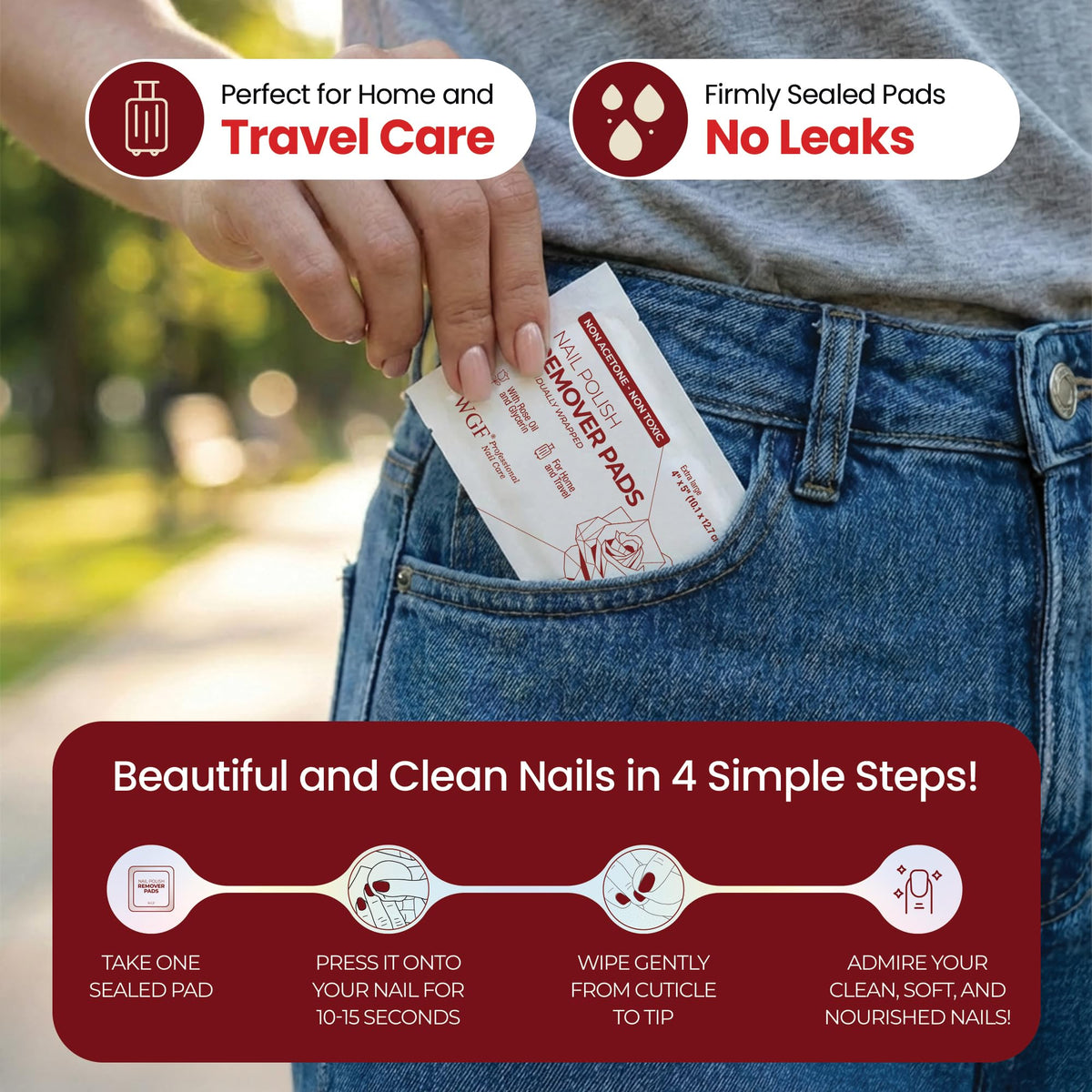 WGF PROFESSIONAL NAIL CARE packets in travel pouch demonstrating spill-proof portability
