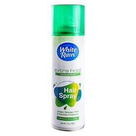 White Rain aerosol front packaging showing label and unscented extra hold benefits