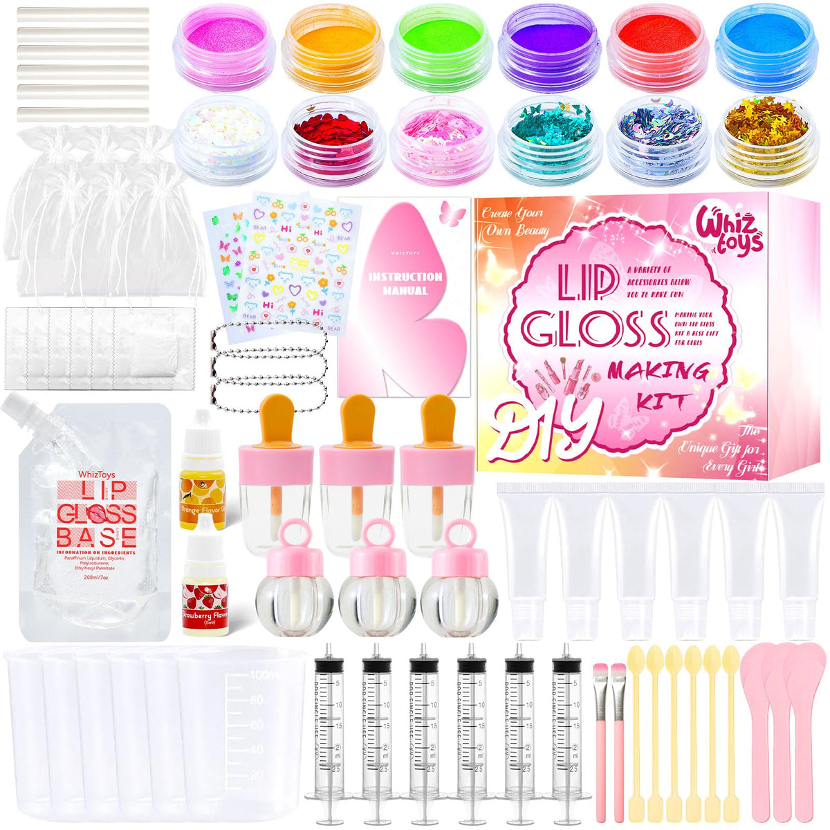 WhizToys full kit flatlay showing all 74 pieces for creative gloss making