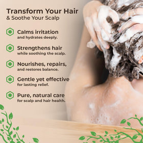 Wild Naturals in-shower use showing lather on scalp for itch-relief and cleansing