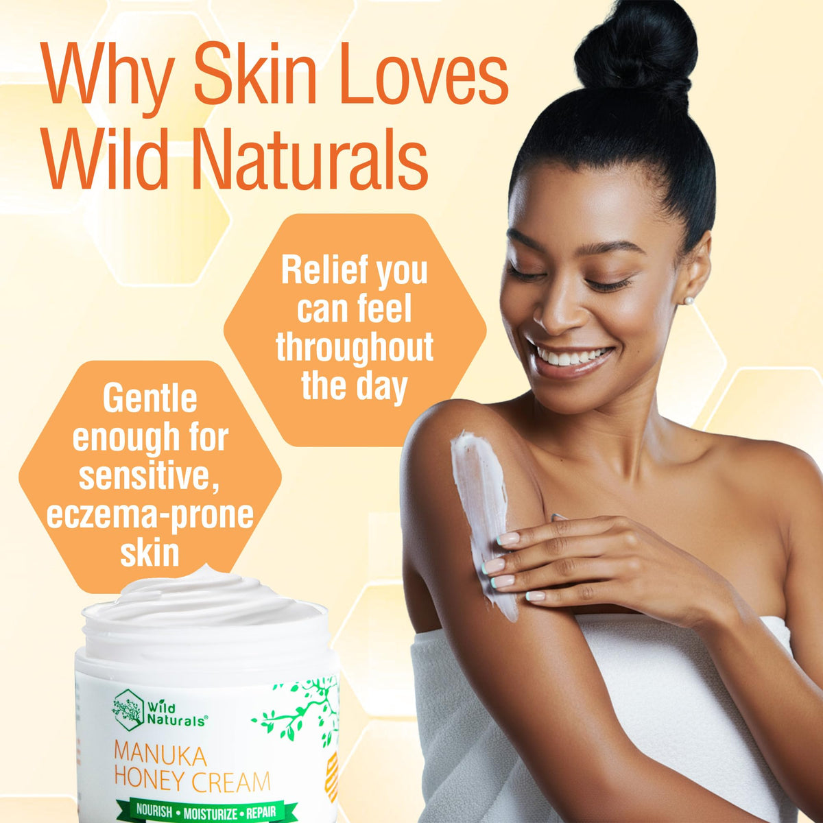 Wild Naturals ingredients flatlay with honey and botanicals indicating nourishing formula