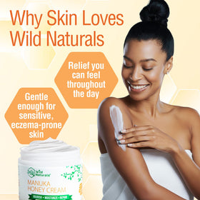 Wild Naturals ingredients flatlay with honey and botanicals indicating nourishing formula