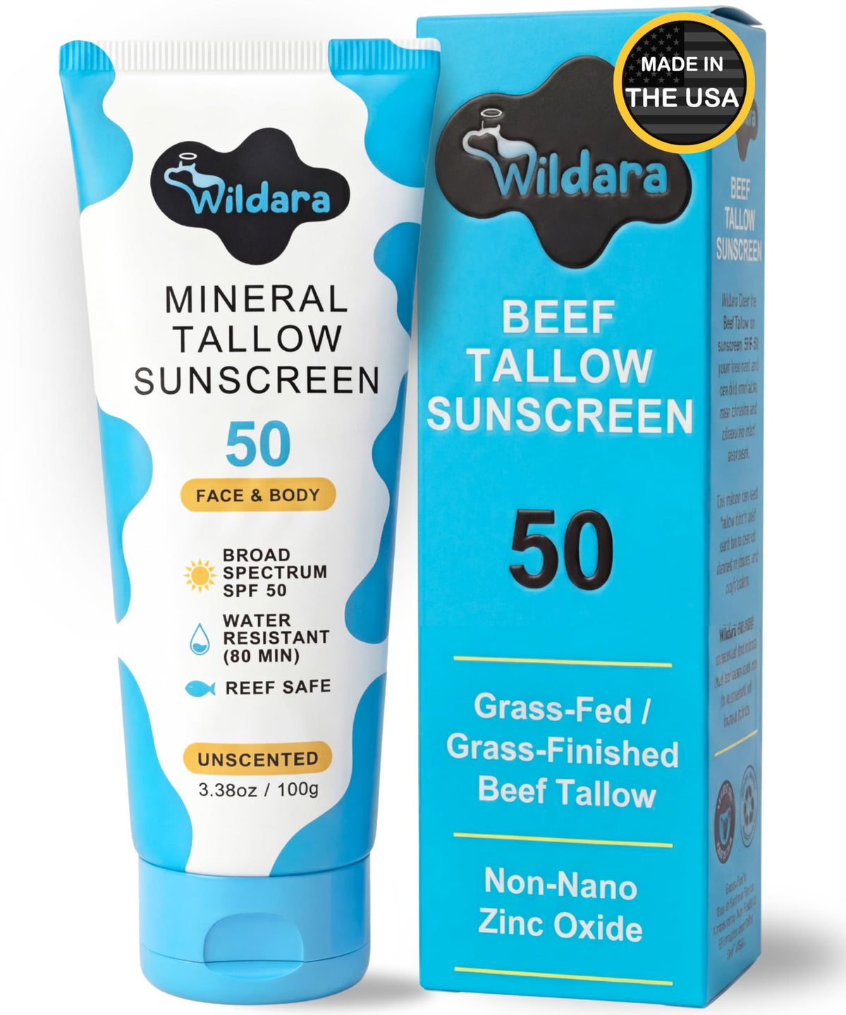 Wildara front packaging showing beef tallow SPF 50 sunscreen for clear identification and everyday use