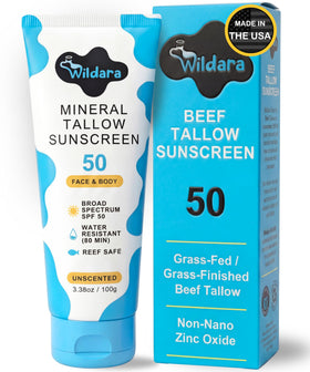 Wildara front packaging showing beef tallow SPF 50 sunscreen for clear identification and everyday use