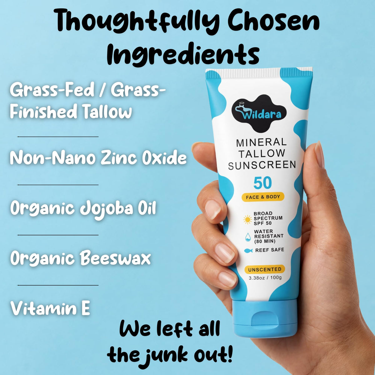 Wildara label close-up highlighting ingredients list and reef-safe zinc oxide formulation