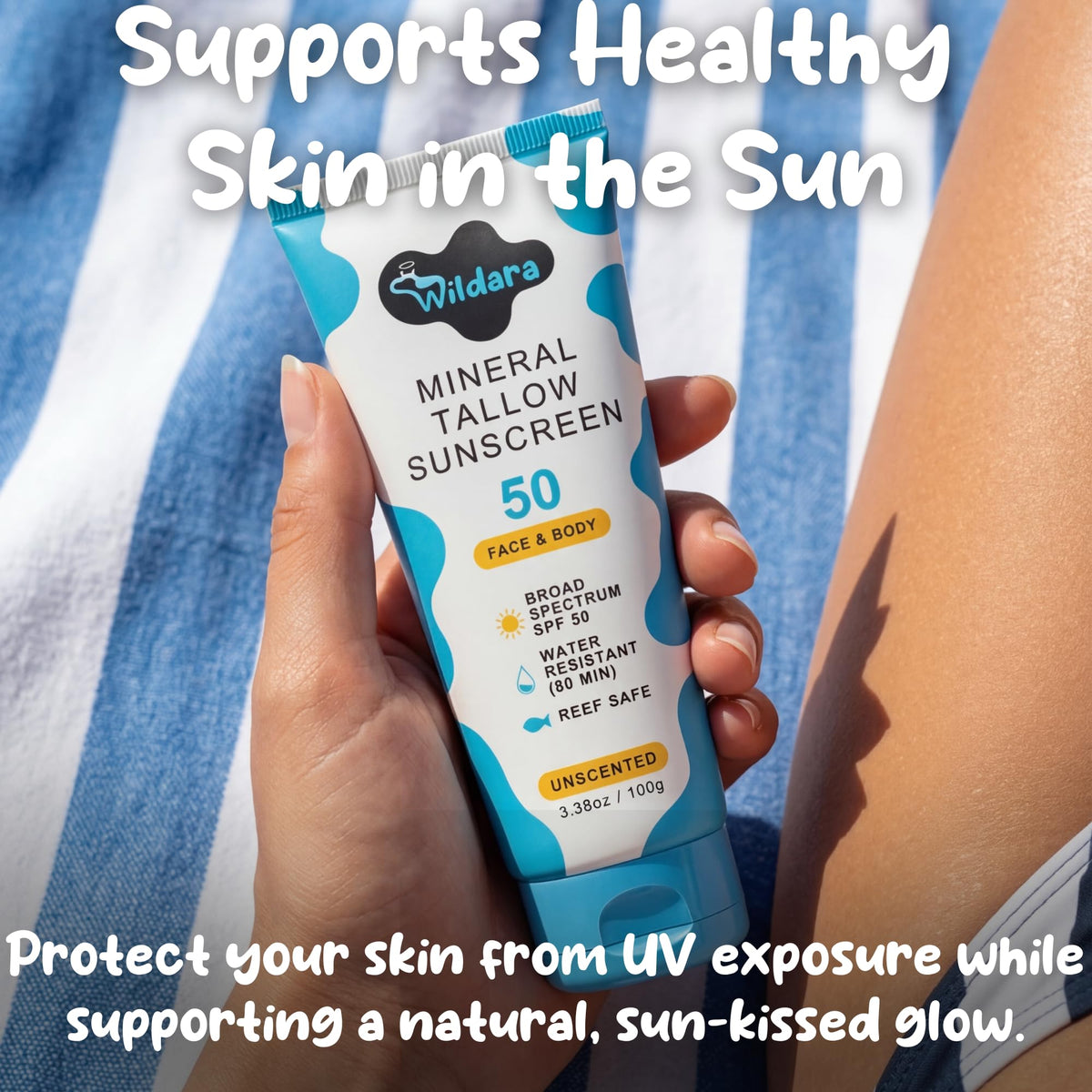Wildara size comparison with smartphone showing compact travel-friendly sunscreen volume