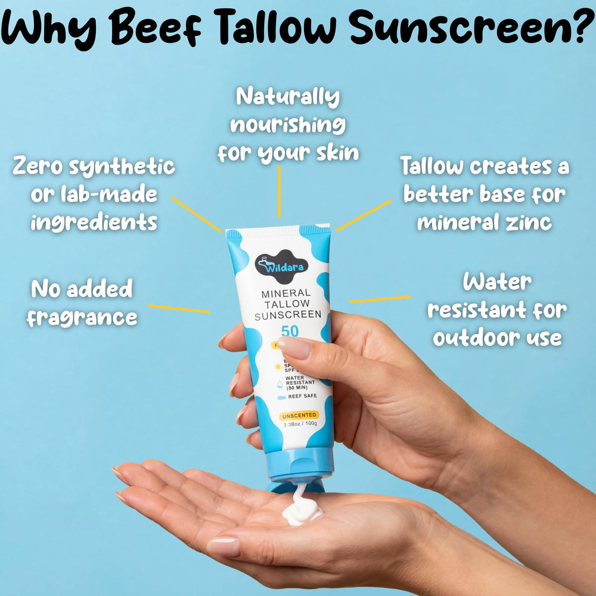 Wildara travel size bottle held in hand illustrating compact, on-the-go sunscreen convenience