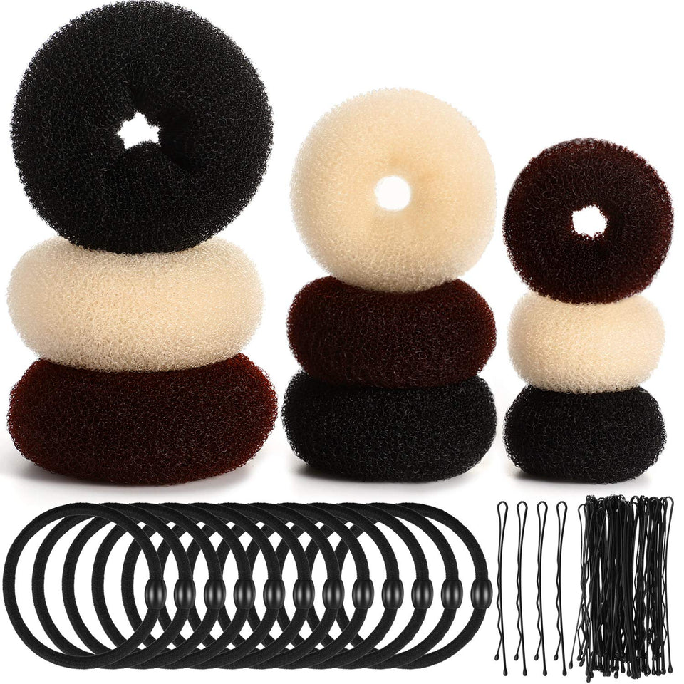 WILLBOND front view of full donut bun maker kit showing rings and accessories for quick styling