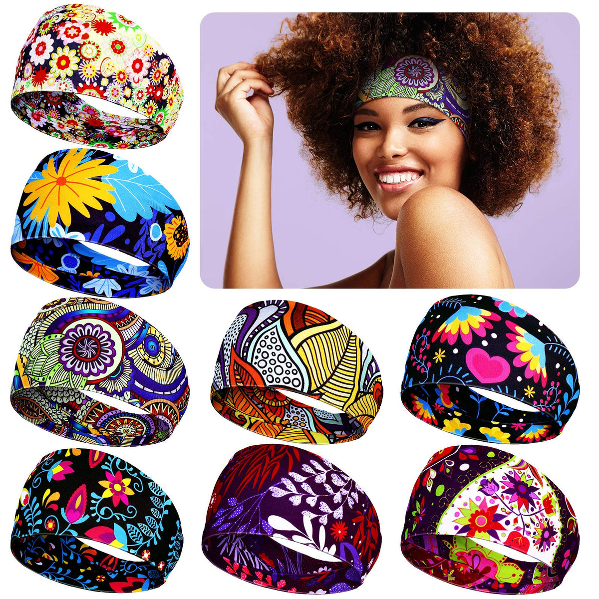 WILLBOND front view of eight colorful headbands shows variety and convenience