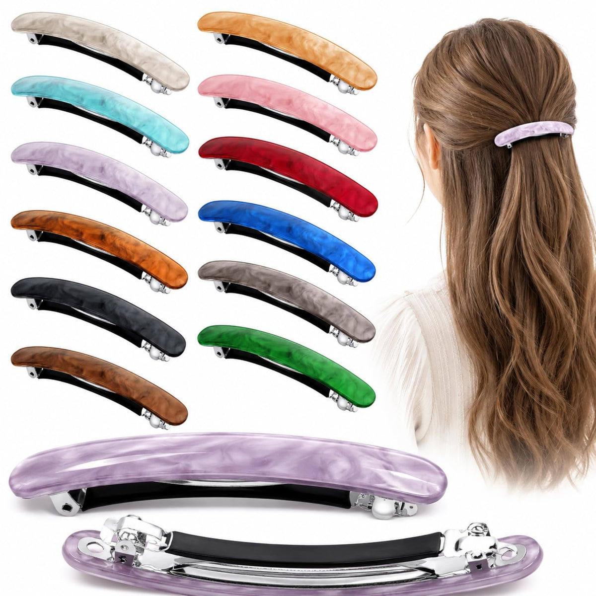 WILLBOND front view of 12-piece tortoise shell barrettes showing variety and elegance