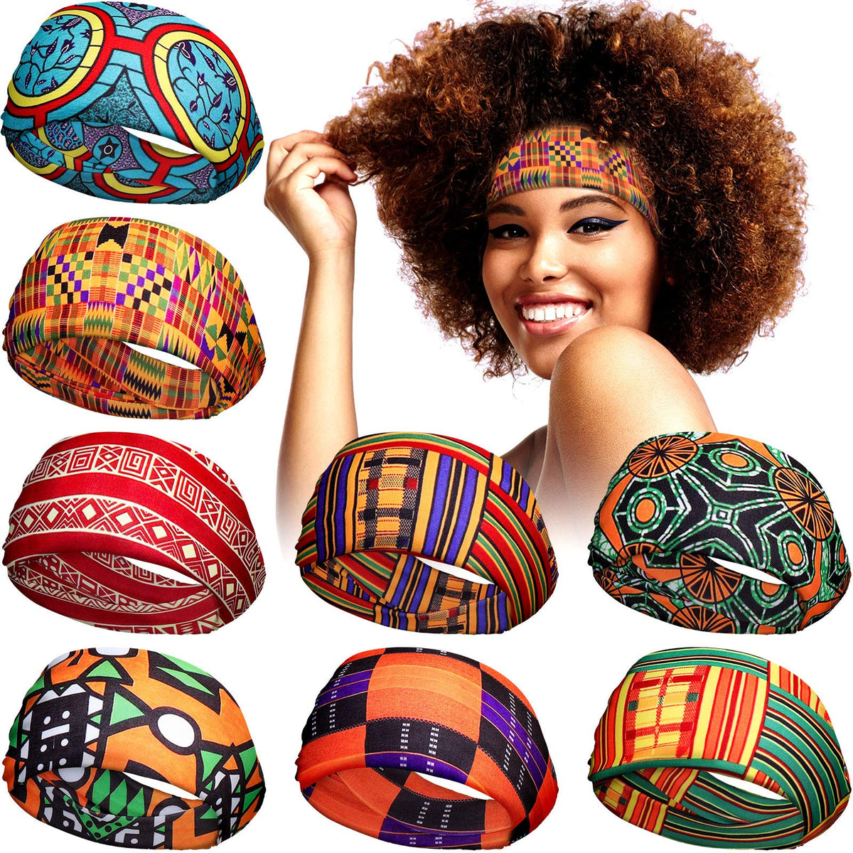 WILLBOND front view of eight headbands showing patterns and colorful assortment for outfit variety