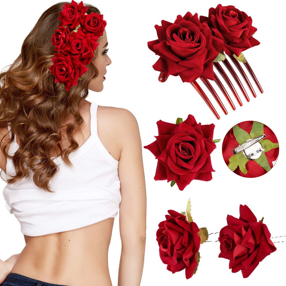 WILLBOND front view of four red rose clips showing coordinated set and instant styling benefit