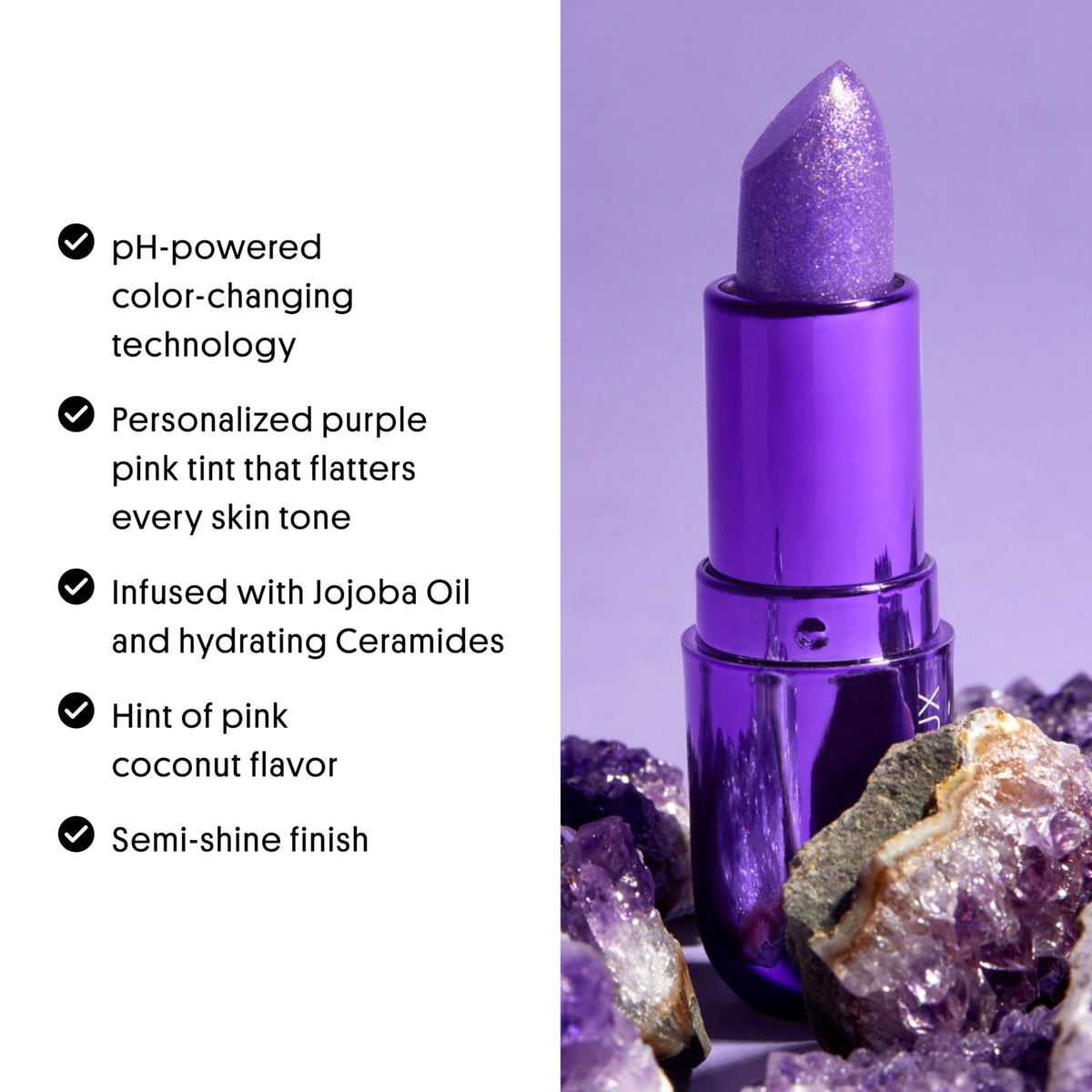 Winky Lux amethyst glimmer balm packaging label close-up showing ingredient highlights and clean claims