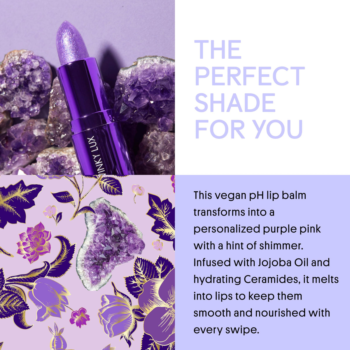 Winky Lux amethyst glimmer balm texture close-up showing creamy formula and light-reflecting particles