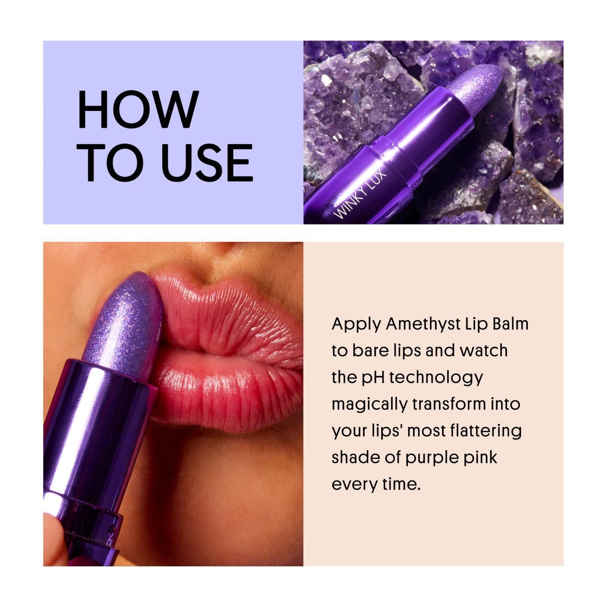 Winky Lux amethyst glimmer balm swatch on forearm showing how pH tint develops and subtle sparkle