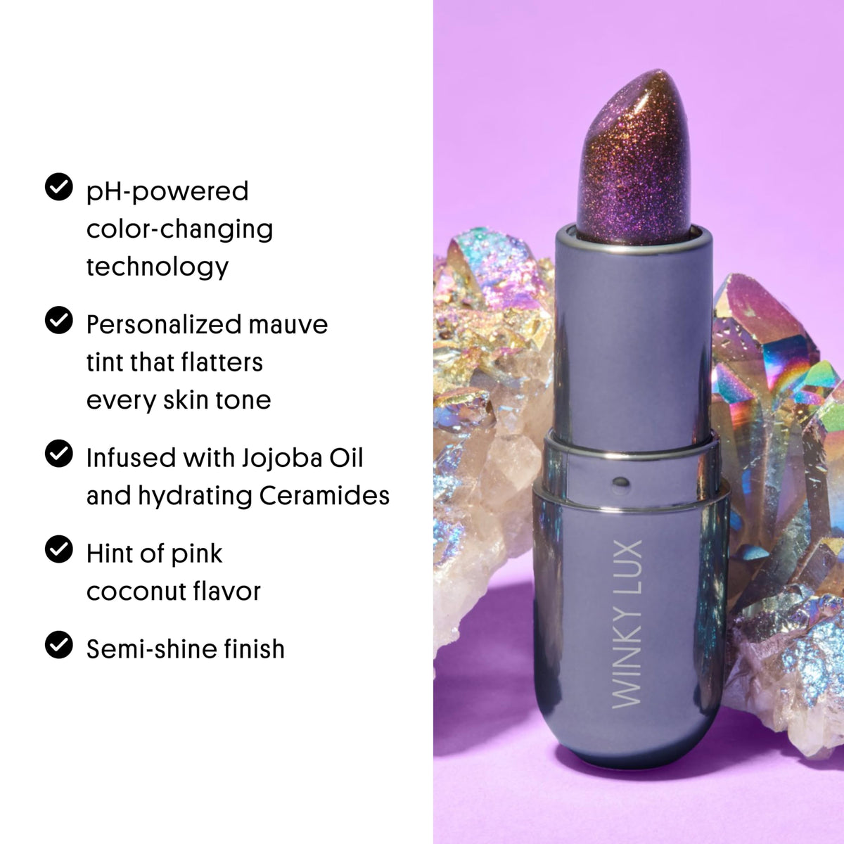 Winky Lux balm placed on a vanity with personal items showing daily-use lifestyle appeal