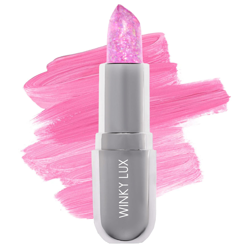 Winky Lux front packaging showing lavender confetti balm and shimmer benefits