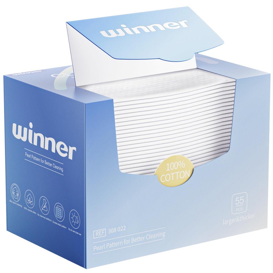 Winner front packaging showing 55-count pack and benefit of gentle cleansing