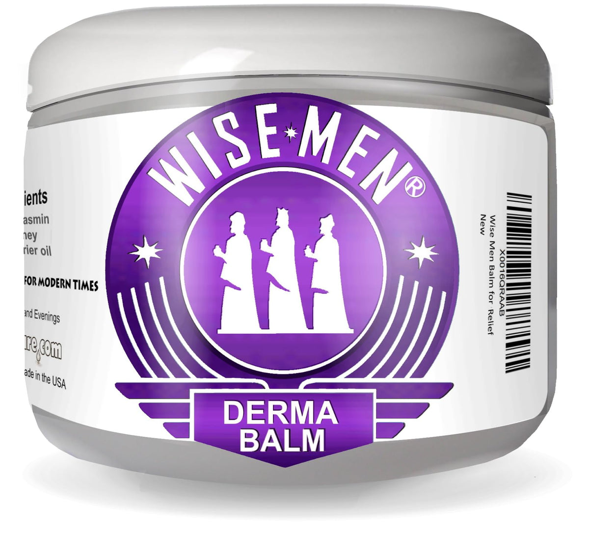 Wise Men Derma Relief Balm front jar showing label and compact packaging for travel