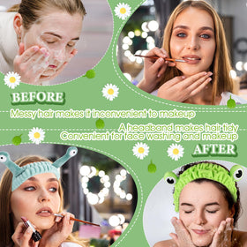 WLLHYF snail headband on model blocks hair while applying makeup