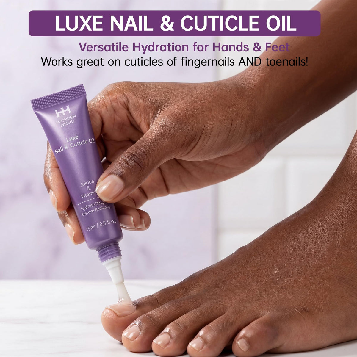 WM WONDER MOJO applying oil to cuticle demonstrating mess-free targeted moisturizing