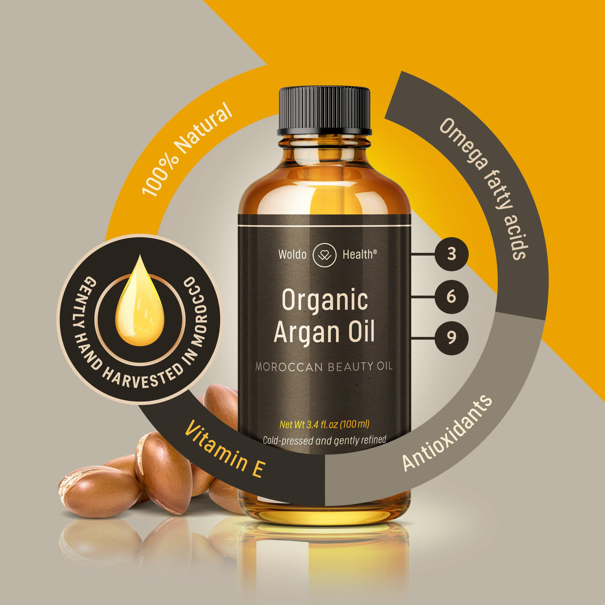 WoldoHealth amber glass bottle close-up protecting oil from sunlight to maintain quality