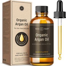 WoldoHealth argan oil front bottle showing label and organic claim for clear presentation