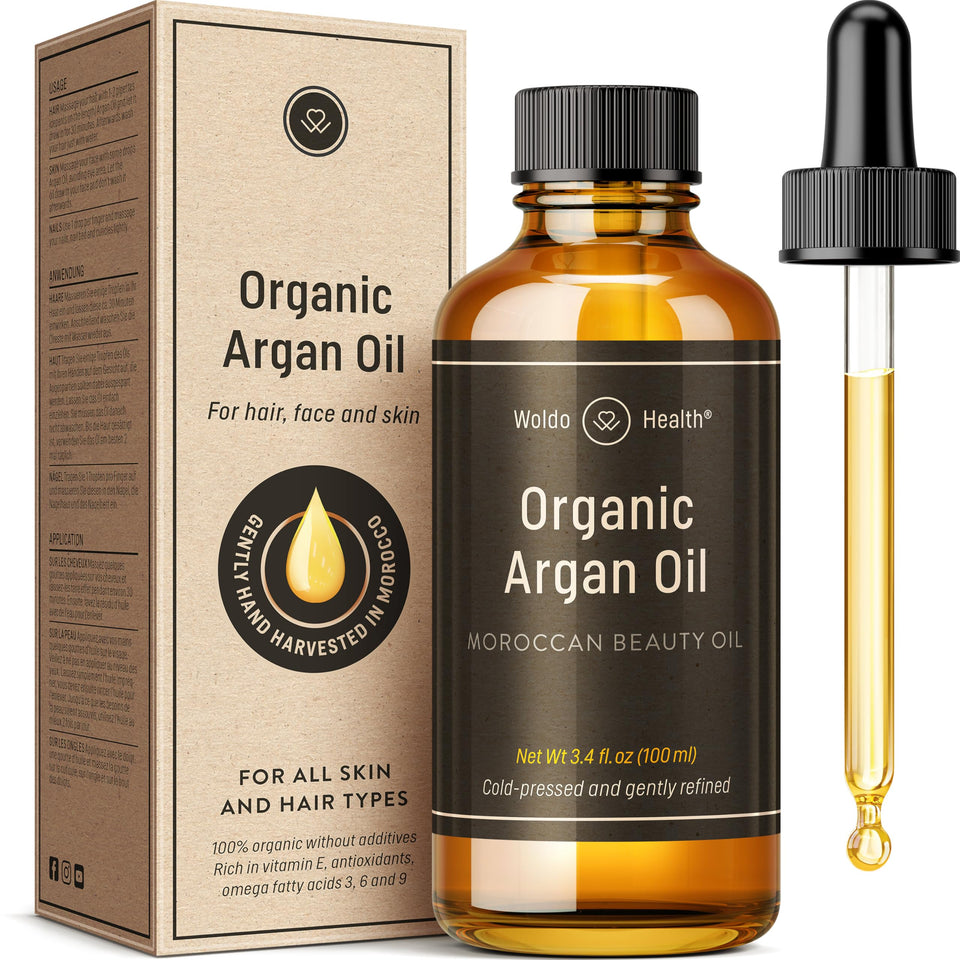 WoldoHealth argan oil front bottle showing label and organic claim for clear presentation