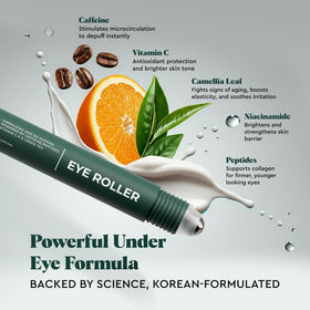 Model applying The Wolf Project under eye roller to reduce puffiness and refresh eyes