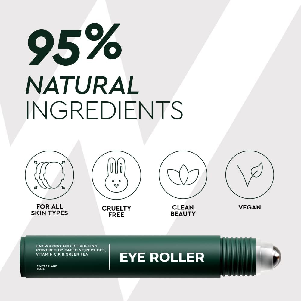 Morning bathroom counter with The Wolf Project roller to instantly enliven tired eyes