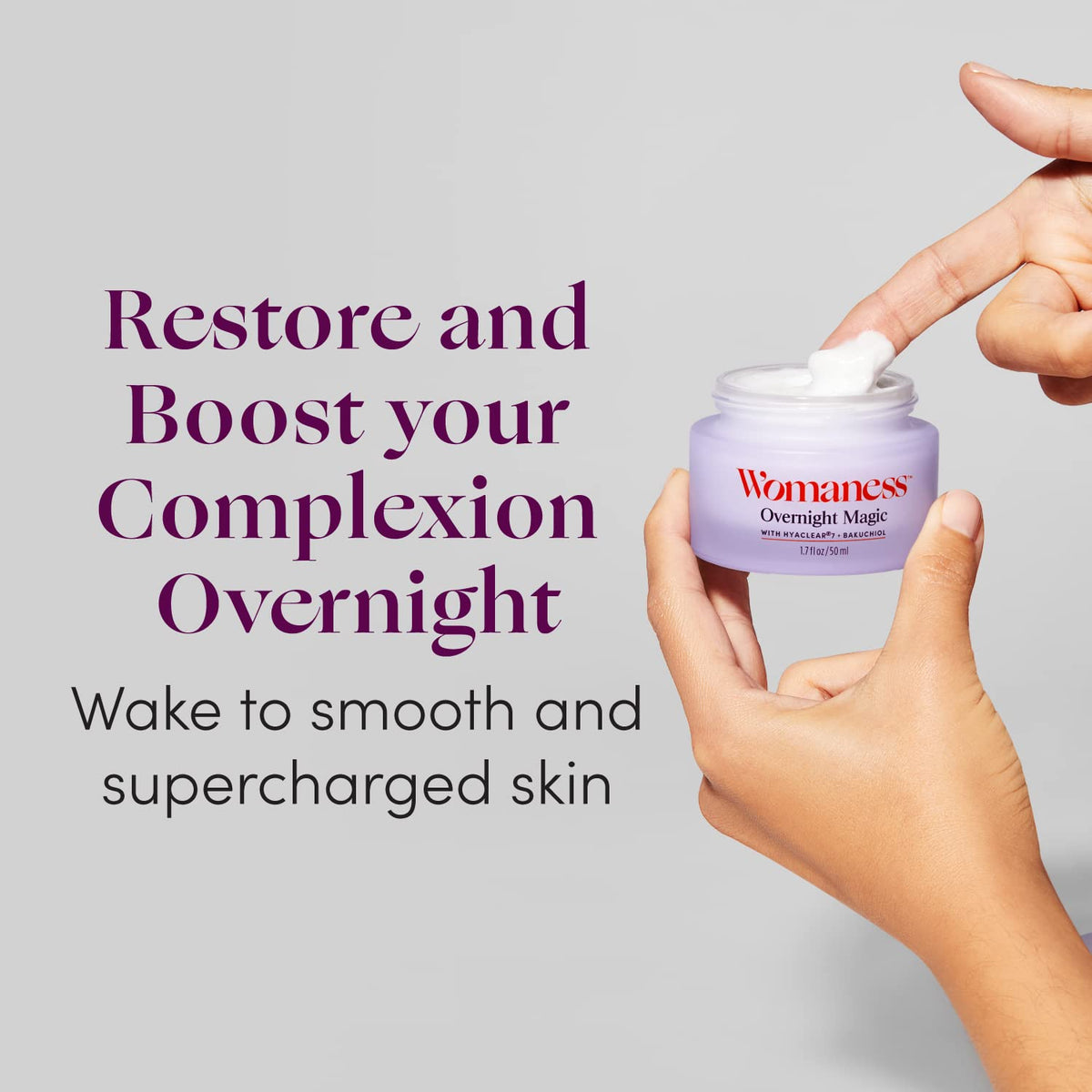 Womaness cream being applied to hand demonstrating hydration and smooth finish