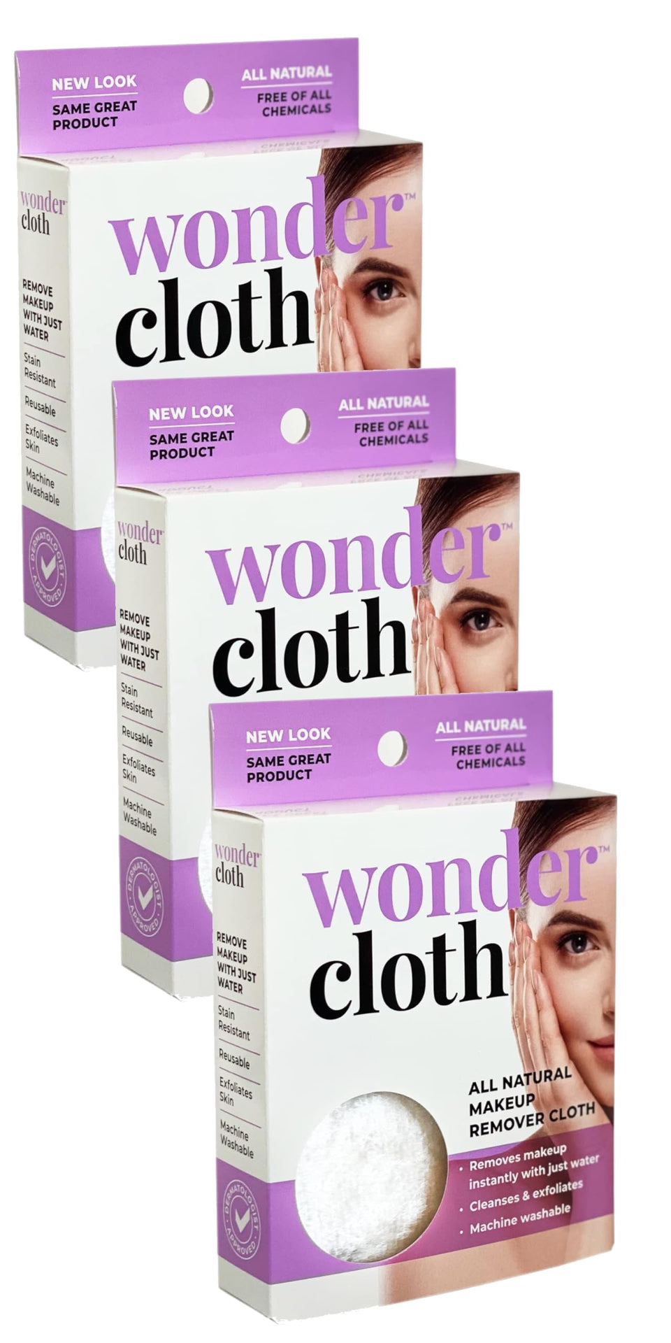 WONDER CLOTH folded pack of three showing soft reusable makeup removers and eco benefit
