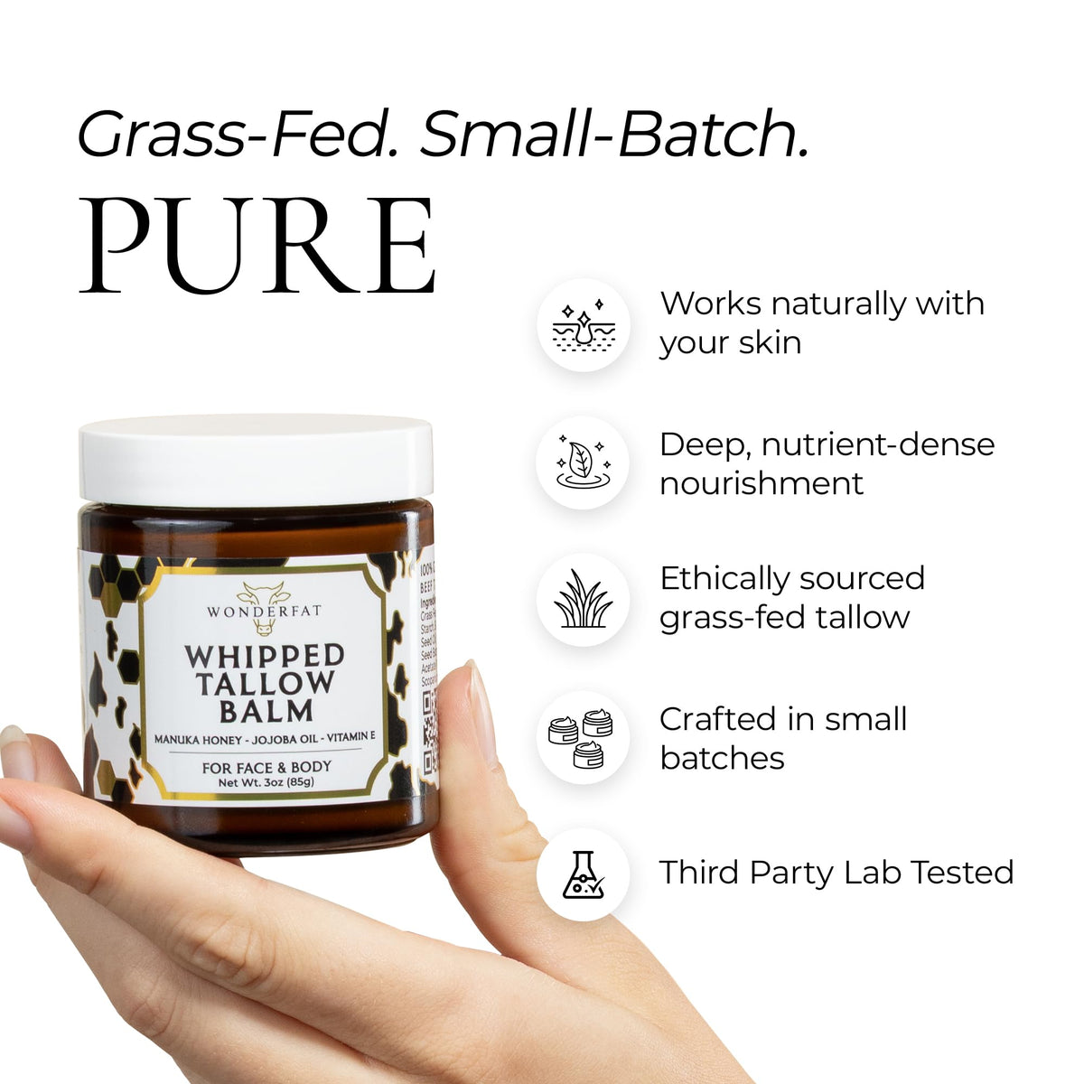 Wonderfat lid label detail highlighting clean formula and manufacturing clarity