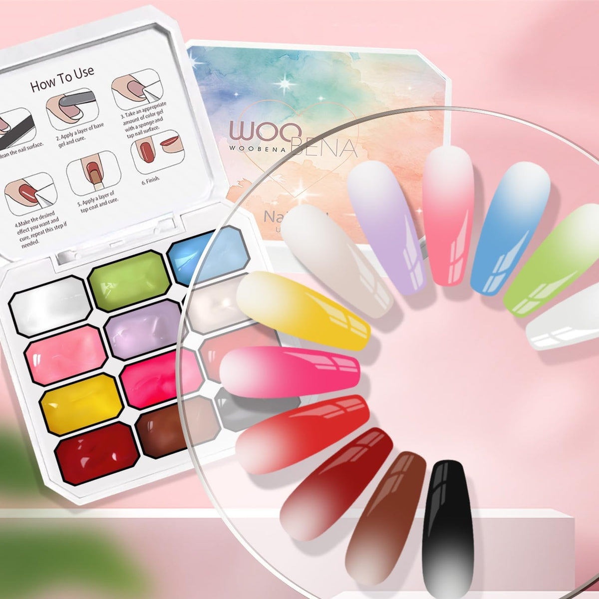 Woobena color swatches fan displaying vibrant shades for accurate color planning