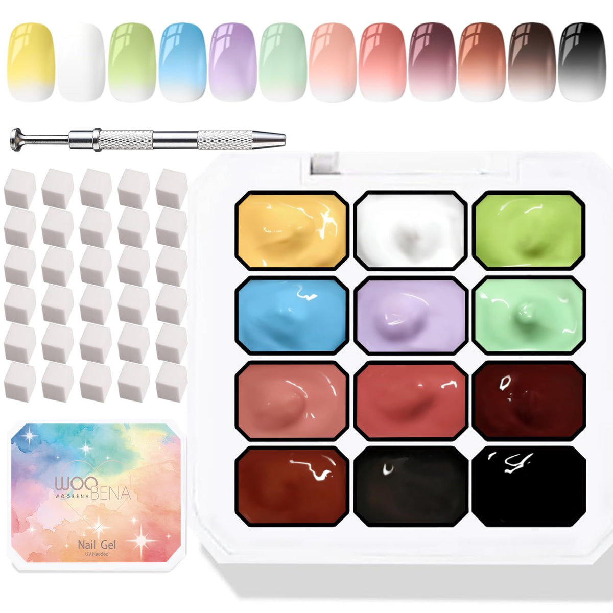 Woobena front packaging showing 12-color gel set for versatile nail art