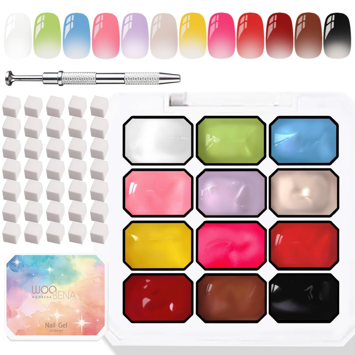 Woobena front packaging showing 12 colors and kit contents for easy selection