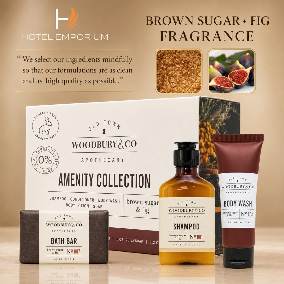 HOTEL EMPORIUM WOODBURY & CO toiletry set displayed in a hotel bathroom for guest convenience