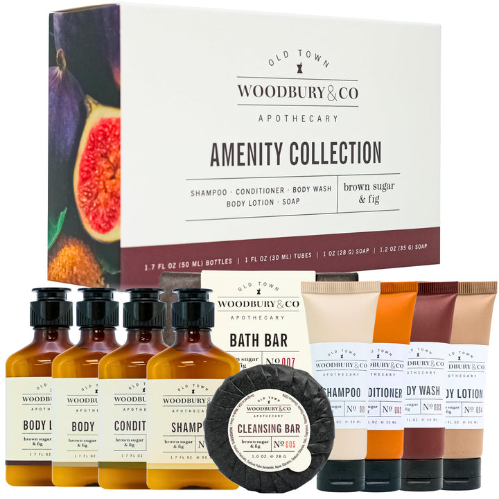HOTEL EMPORIUM WOODBURY & CO front packaging showing travel-size tubes and soaps, ideal for guests