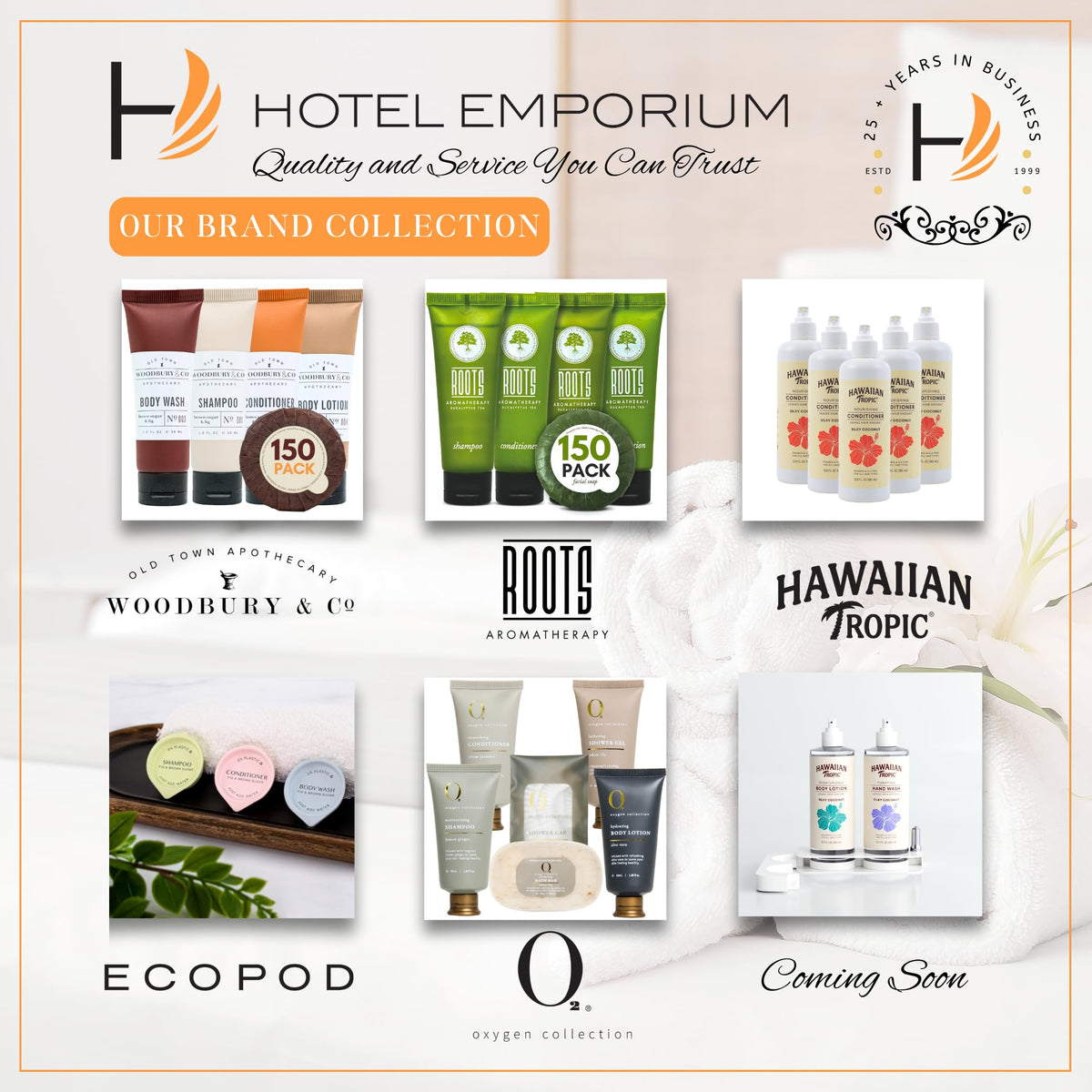 HOTEL EMPORIUM WOODBURY & CO bulk boxes stacked in storage ready for replenishing guest rooms