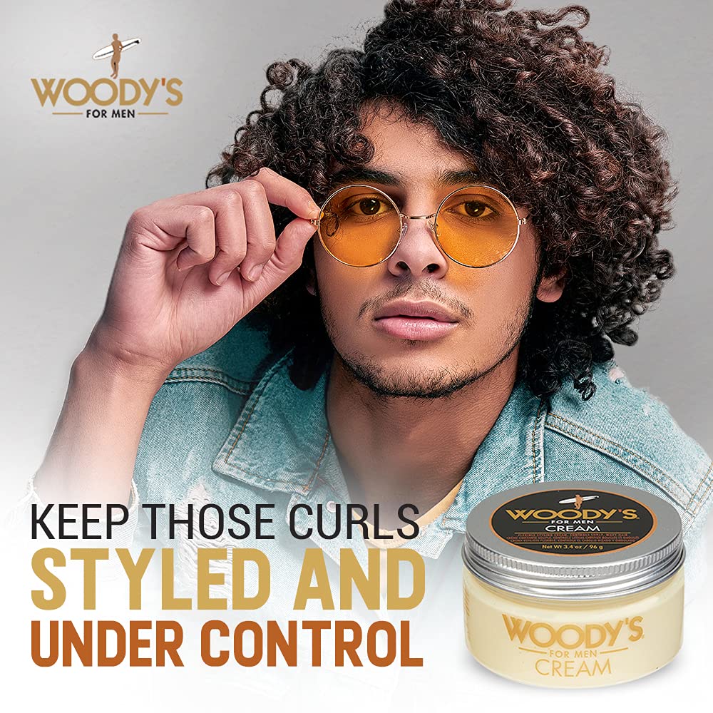 Woody's cream on hand ready to apply for easy styling