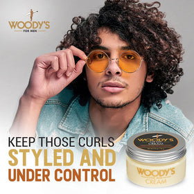 Woody's cream on hand ready to apply for easy styling