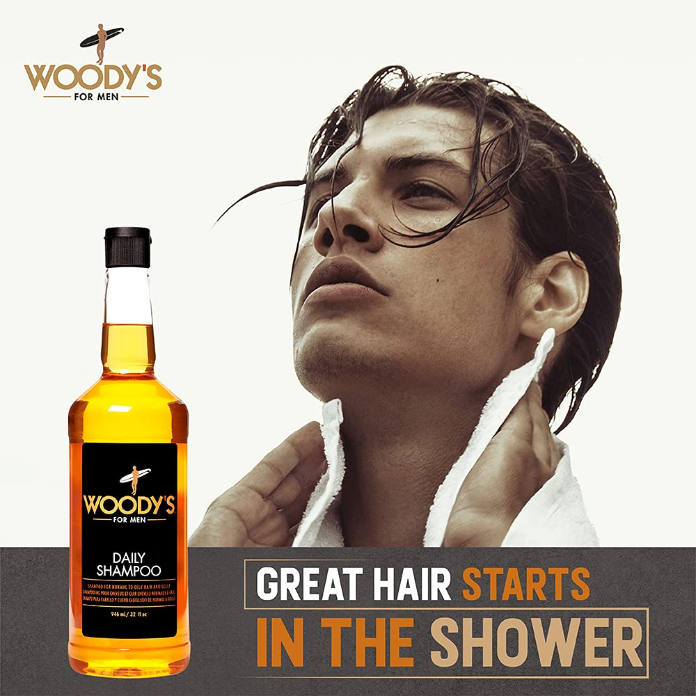 Woody's shampoo lather on hair strands illustrating gentle cleansing action