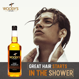 Woody's shampoo lather on hair strands illustrating gentle cleansing action